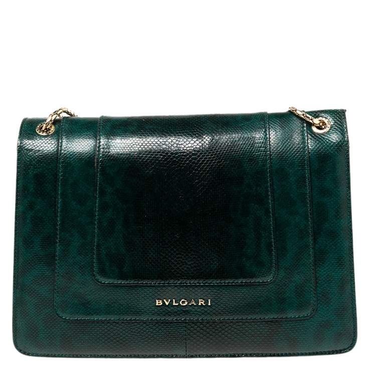 Pre Owned Bvlgari Green/Black Karung Medium Serpenti Forever Shoulder Bag