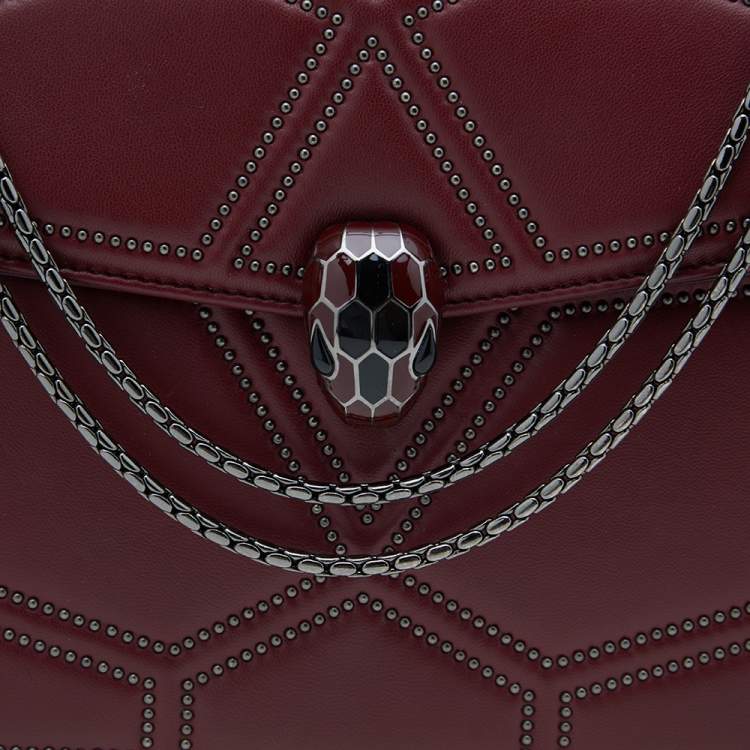 Pre Owned Bvlgari Maroon Leather Medium Studded Serpenti Forever Flap Shoulder Bag