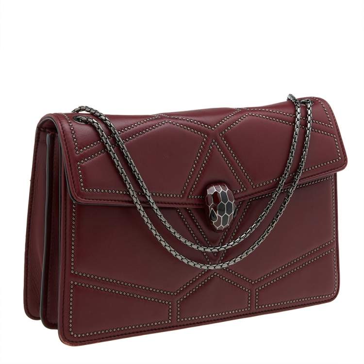 Pre Owned Bvlgari Maroon Leather Medium Studded Serpenti Forever Flap Shoulder Bag