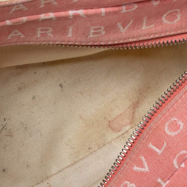 Pre Owned Bvlgari Pink/White Logo Mania Canvas and Leather Baguette Bag