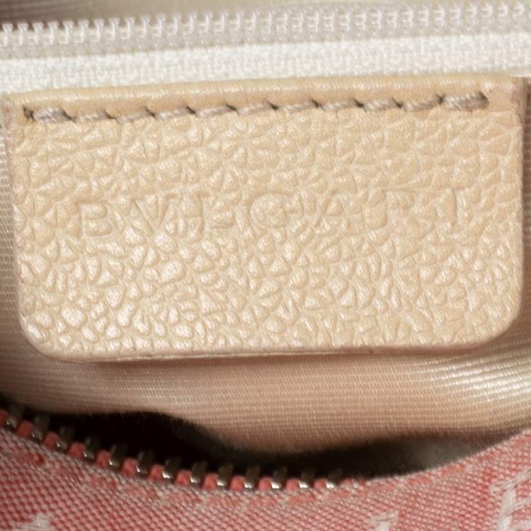 Pre Owned Bvlgari Pink/White Logo Mania Canvas and Leather Baguette Bag