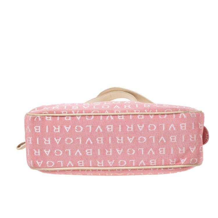 Pre Owned Bvlgari Pink/White Logo Mania Canvas and Leather Baguette Bag