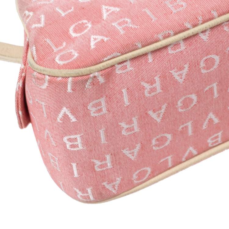Pre Owned Bvlgari Pink/White Logo Mania Canvas and Leather Baguette Bag