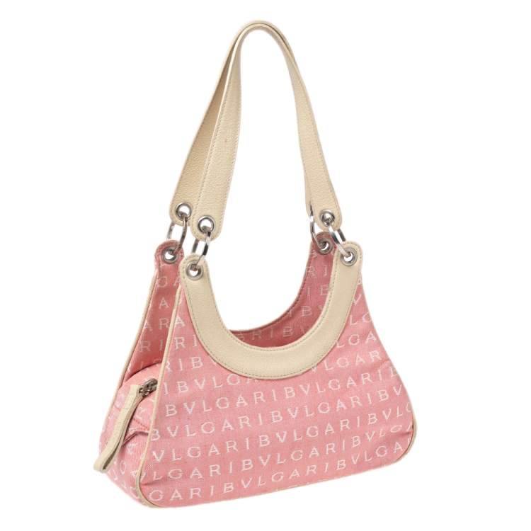 Pre Owned Bvlgari Pink/White Logo Mania Canvas and Leather Baguette Bag