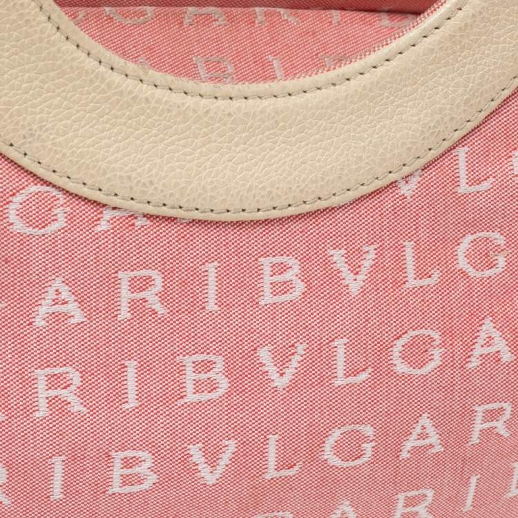 Pre Owned Bvlgari Pink/White Logo Mania Canvas and Leather Baguette Bag
