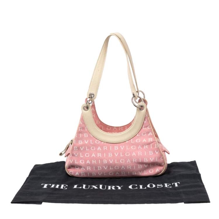 Pre Owned Bvlgari Pink/White Logo Mania Canvas and Leather Baguette Bag