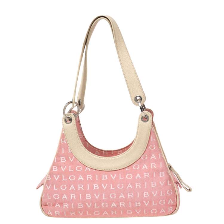 Pre Owned Bvlgari Pink/White Logo Mania Canvas and Leather Baguette Bag