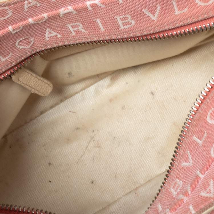 Pre Owned Bvlgari Pink/White Logo Mania Canvas and Leather Baguette Bag