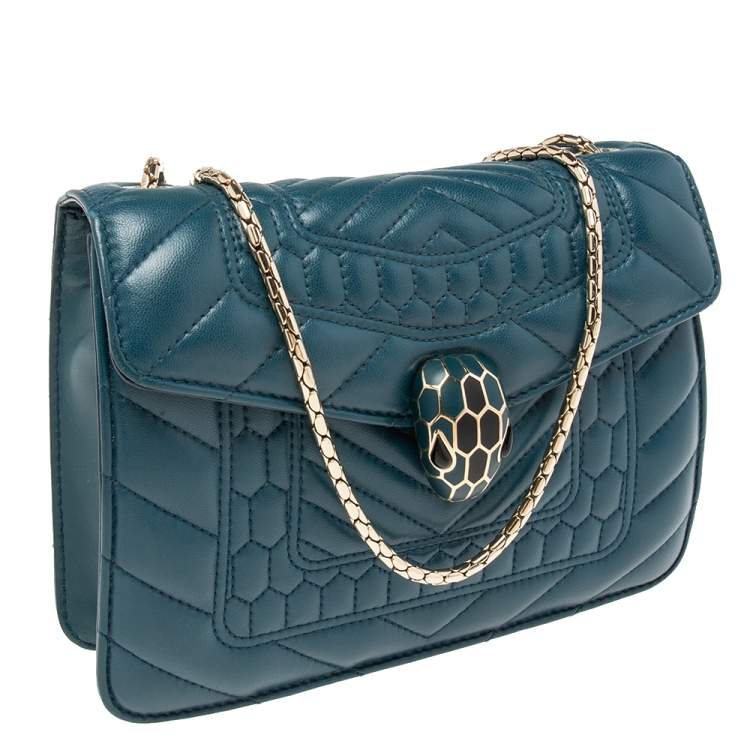 Pre Owned Bvlgari Teal Quilted Scaglie Leather Small Serpenti Forever Shoulder Bag