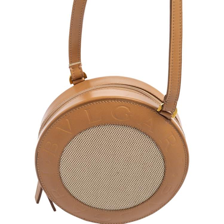 Pre Owned Bvlgari Brown/Beige Leather and Canvas Zero 1 Round Clutch Bag