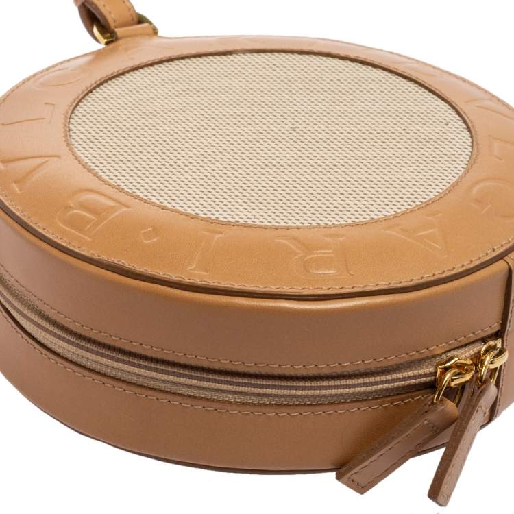 Pre Owned Bvlgari Brown/Beige Leather and Canvas Zero 1 Round Clutch Bag