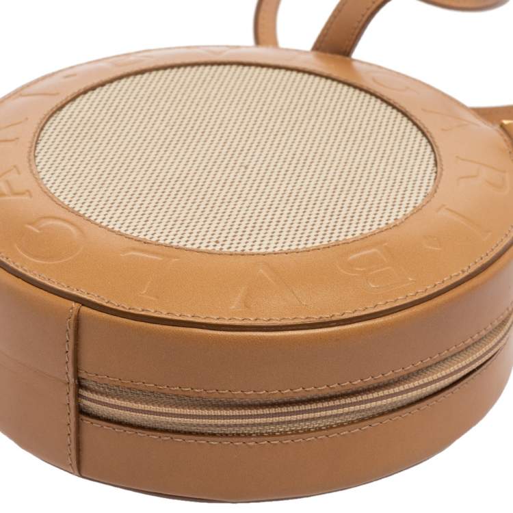 Pre Owned Bvlgari Brown/Beige Leather and Canvas Zero 1 Round Clutch Bag