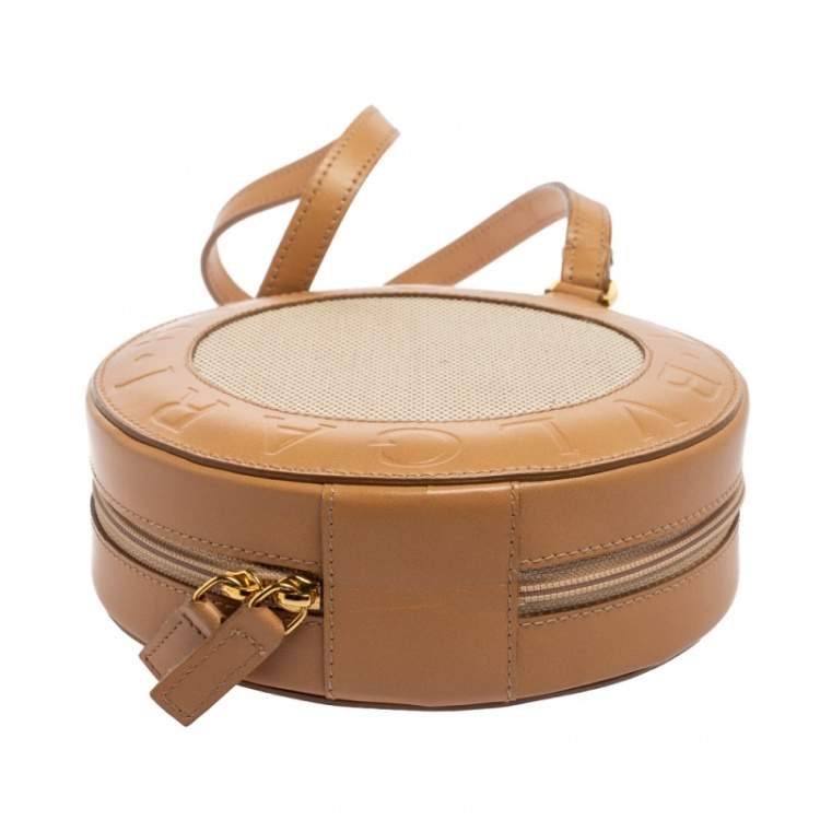 Pre Owned Bvlgari Brown/Beige Leather and Canvas Zero 1 Round Clutch Bag