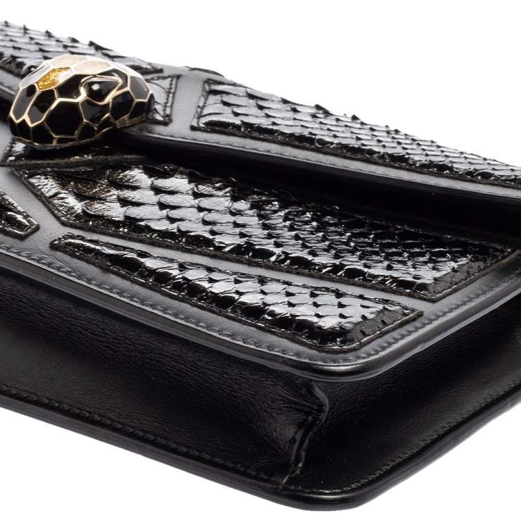 Pre Owned Bvlgari Black Leather And Python Serpenti Forever Chain Clutch