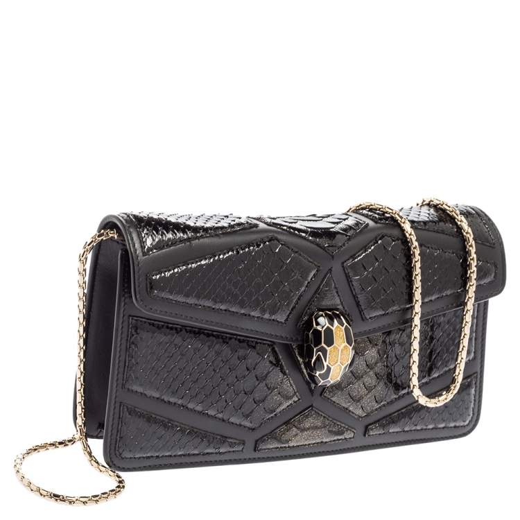 Pre Owned Bvlgari Black Leather And Python Serpenti Forever Chain Clutch