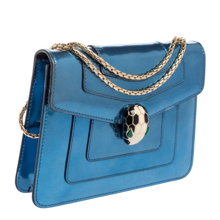 Pre Owned Bvlgari Metallic Blue Patent Leather Serpenti Forever Shoulder Bag