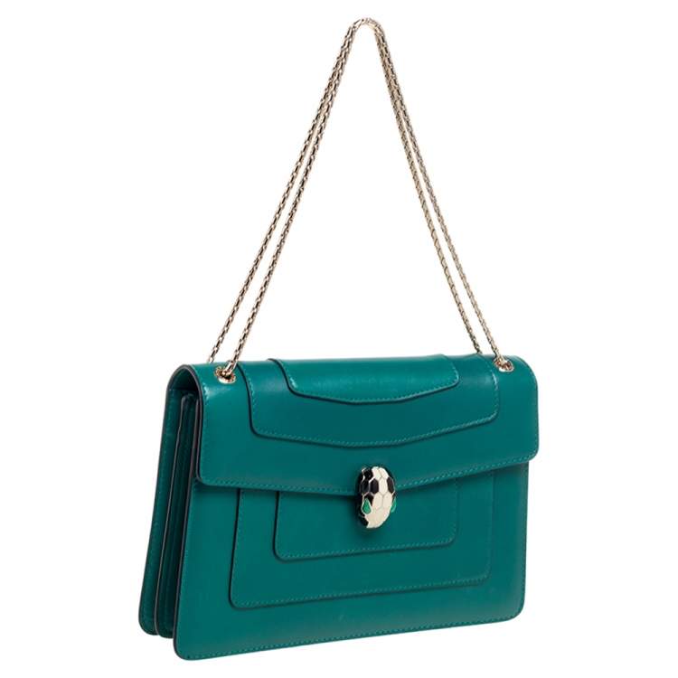 Pre Owned Bvlgari Emerald Green Leather Medium Serpenti Forever Shoulder Bag