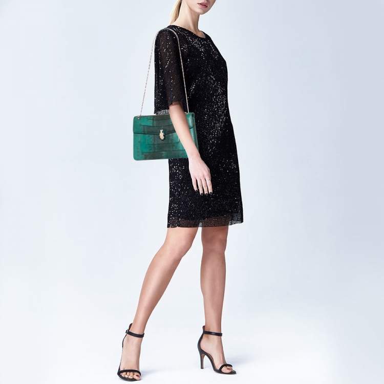Pre Owned Bvlgari Green/Black Karung Medium Serpenti Forever Shoulder Bag