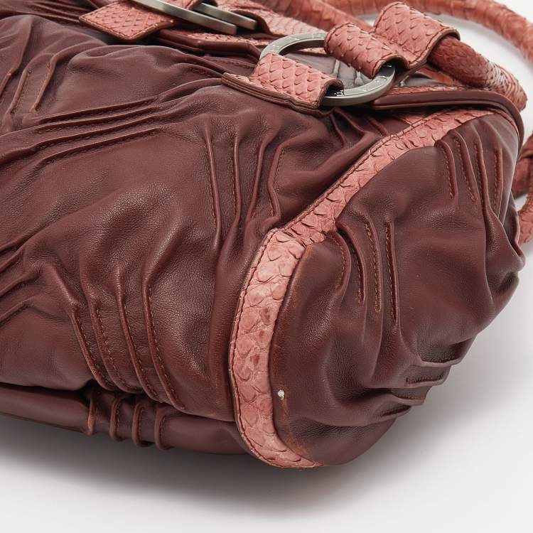 Pre Owned Bvlgari Brown Pleated Leather And Python Satchel