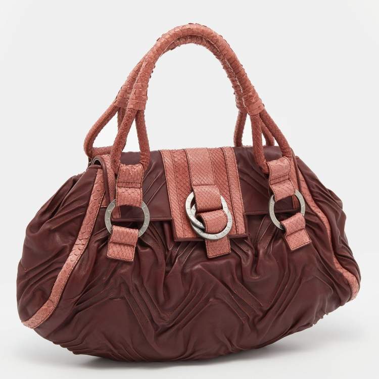 Pre Owned Bvlgari Brown Pleated Leather And Python Satchel