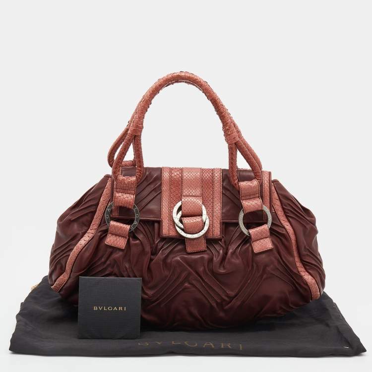 Pre Owned Bvlgari Brown Pleated Leather And Python Satchel