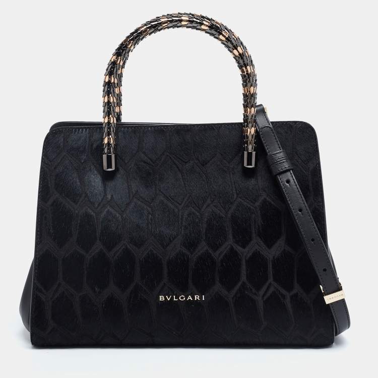 Pre Owned Bvlgari Black Leather and Calf Hair Serpenti Scaglie Tote