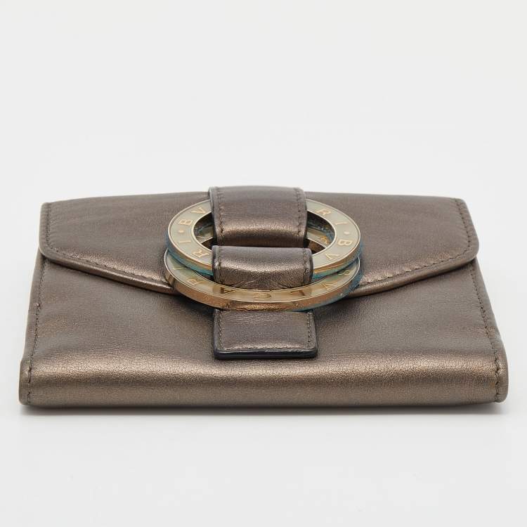 Pre Owned Bvlgari Metallic Brown Leather Double Ring Flap Compact Wallet