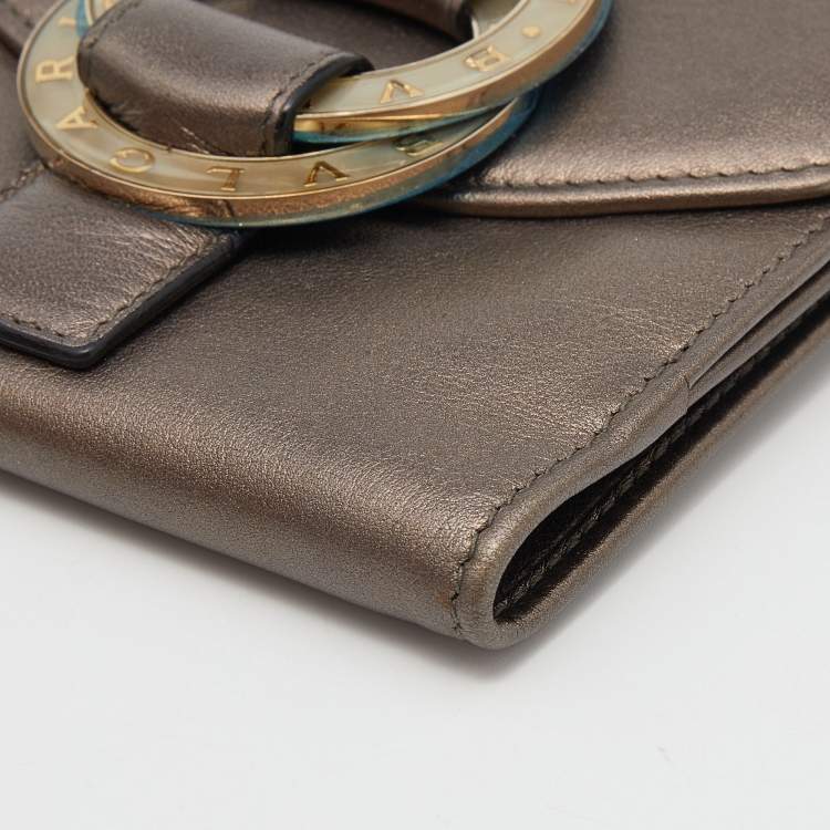 Pre Owned Bvlgari Metallic Brown Leather Double Ring Flap Compact Wallet