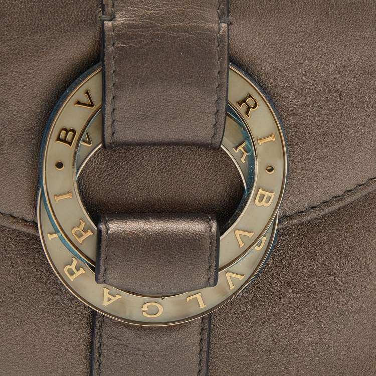 Pre Owned Bvlgari Metallic Brown Leather Double Ring Flap Compact Wallet