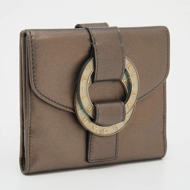 Pre Owned Bvlgari Metallic Brown Leather Double Ring Flap Compact Wallet