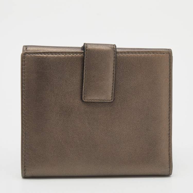 Pre Owned Bvlgari Metallic Brown Leather Double Ring Flap Compact Wallet