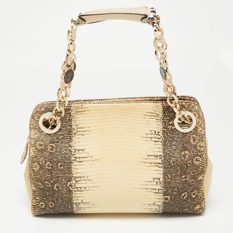 Pre Owned Bvlgari Cream/Black Lizard Monete Satchel