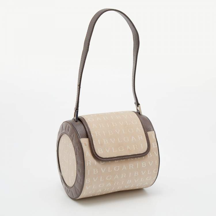 Pre Owned Bvlgari Beige/Brown Canvas and Leather Cylinder Bag