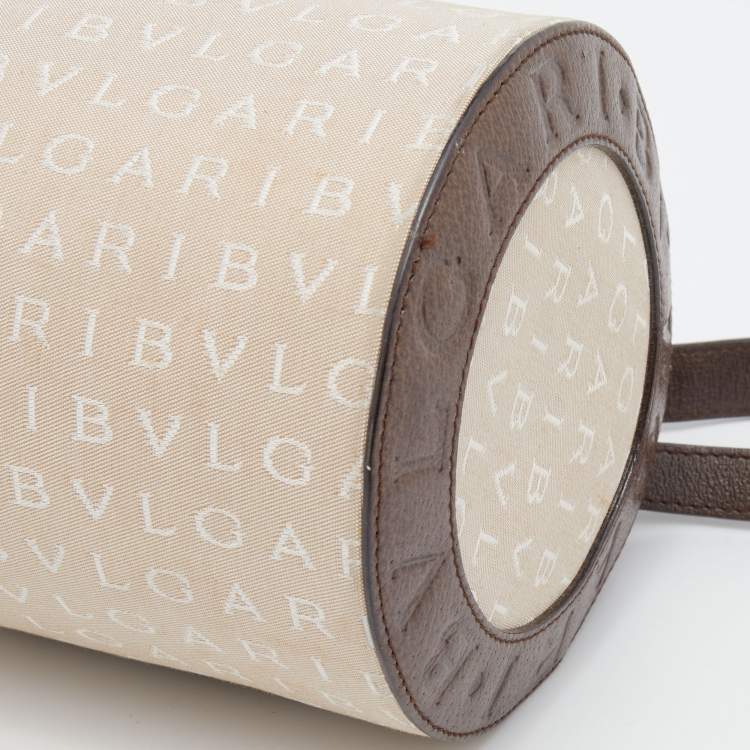 Pre Owned Bvlgari Beige/Brown Canvas and Leather Cylinder Bag