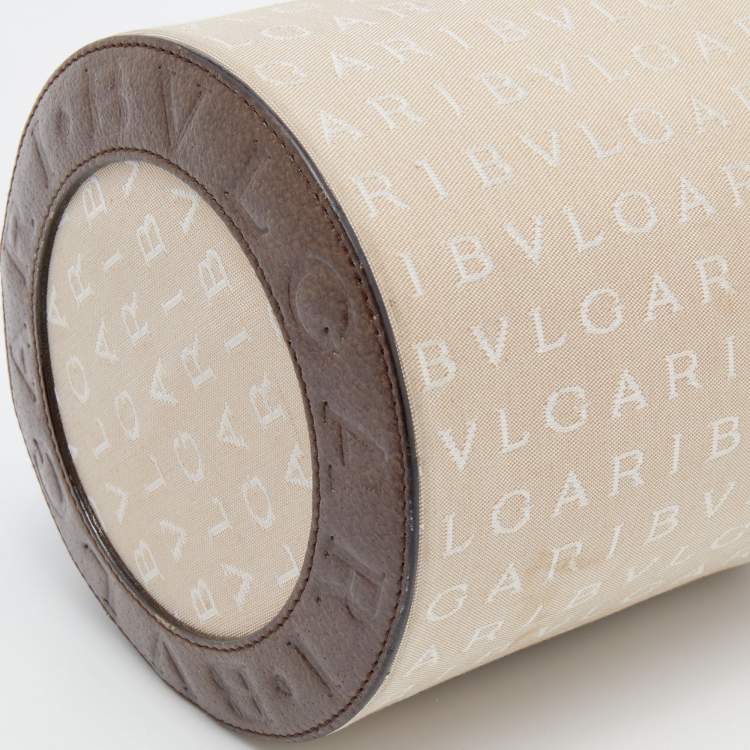 Pre Owned Bvlgari Beige/Brown Canvas and Leather Cylinder Bag