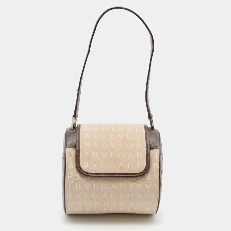 Pre Owned Bvlgari Beige/Brown Canvas and Leather Cylinder Bag