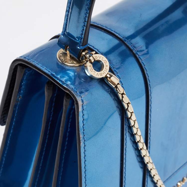 Pre Owned Bvlgari Blue Laminated Leather Serpenti Forever Flap Top Handle Bag