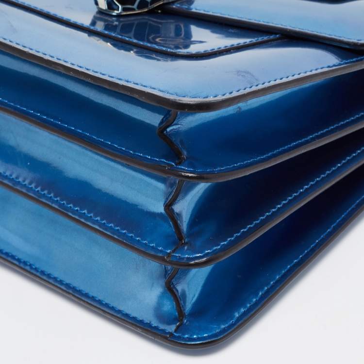 Pre Owned Bvlgari Blue Laminated Leather Serpenti Forever Flap Top Handle Bag
