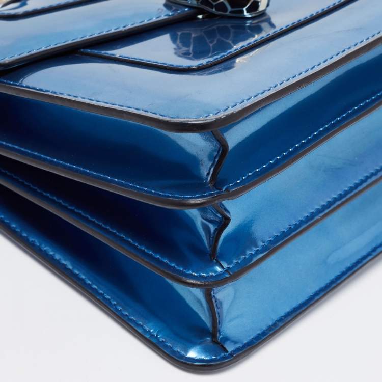 Pre Owned Bvlgari Blue Laminated Leather Serpenti Forever Flap Top Handle Bag