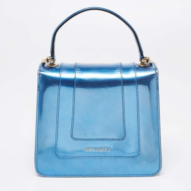 Pre Owned Bvlgari Blue Laminated Leather Serpenti Forever Flap Top Handle Bag