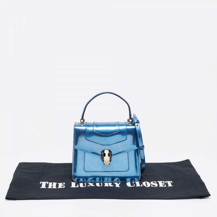 Pre Owned Bvlgari Blue Laminated Leather Serpenti Forever Flap Top Handle Bag