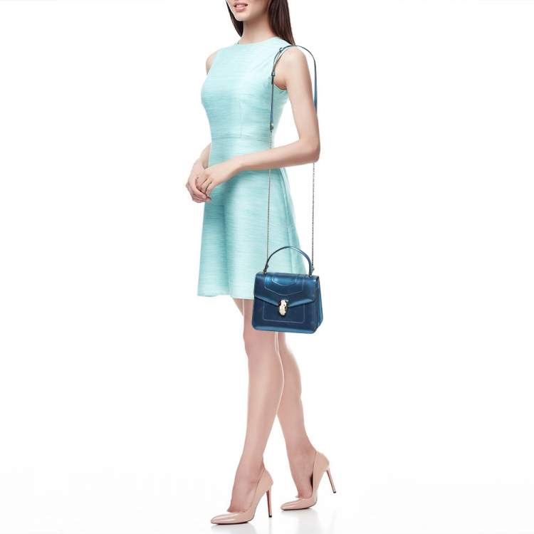 Pre Owned Bvlgari Blue Laminated Leather Serpenti Forever Flap Top Handle Bag