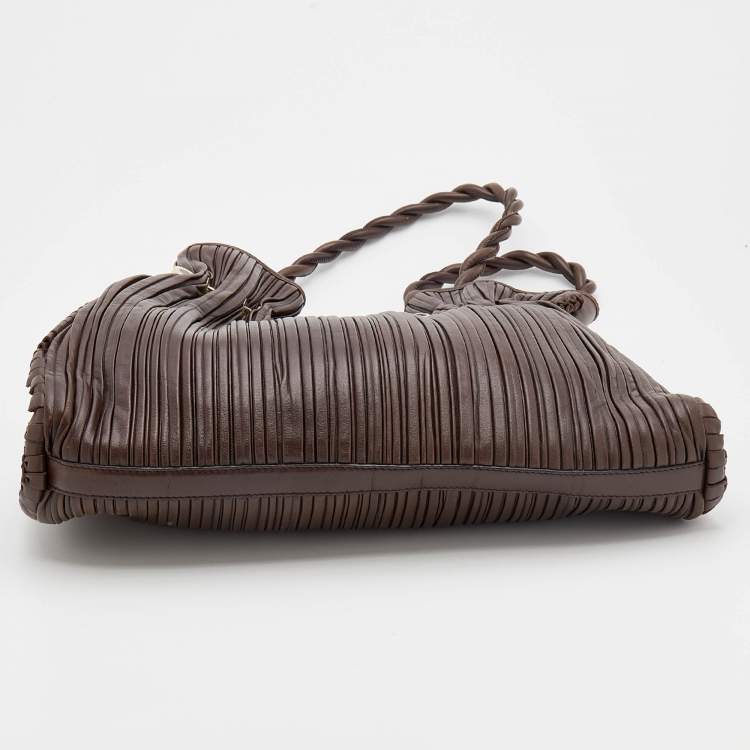 Pre Owned Bvlgari Brown Pleated Leather Twistino Tina Shopper Tote