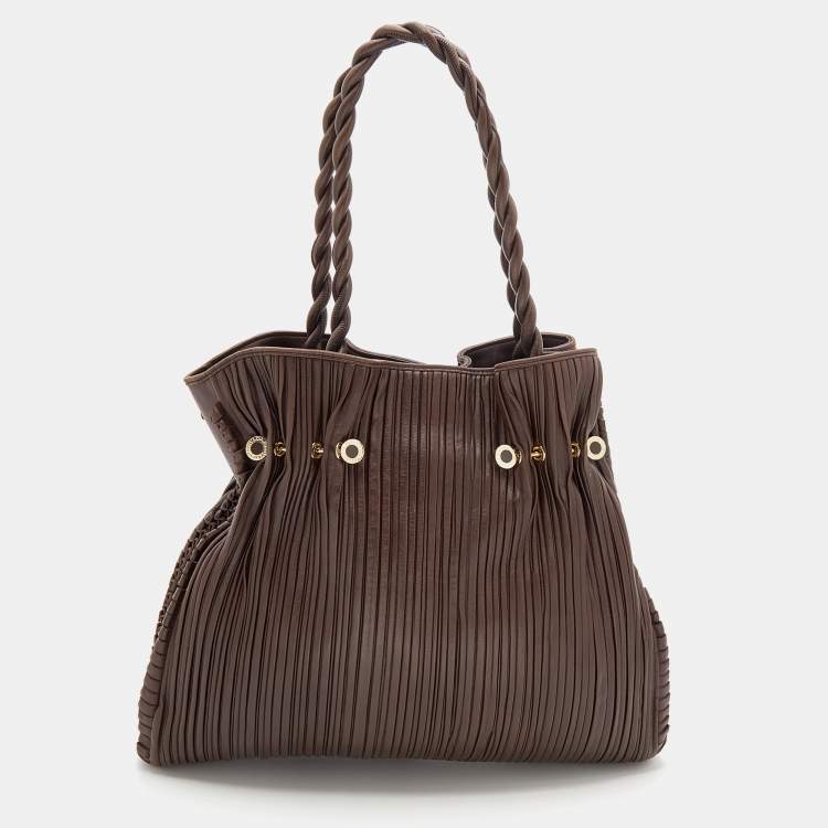 Pre Owned Bvlgari Brown Pleated Leather Twistino Tina Shopper Tote