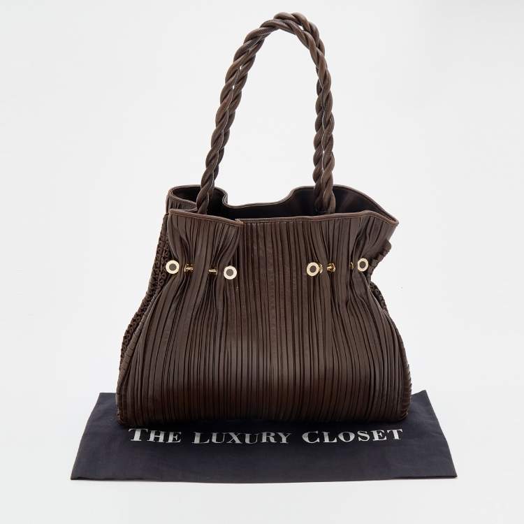 Pre Owned Bvlgari Brown Pleated Leather Twistino Tina Shopper Tote