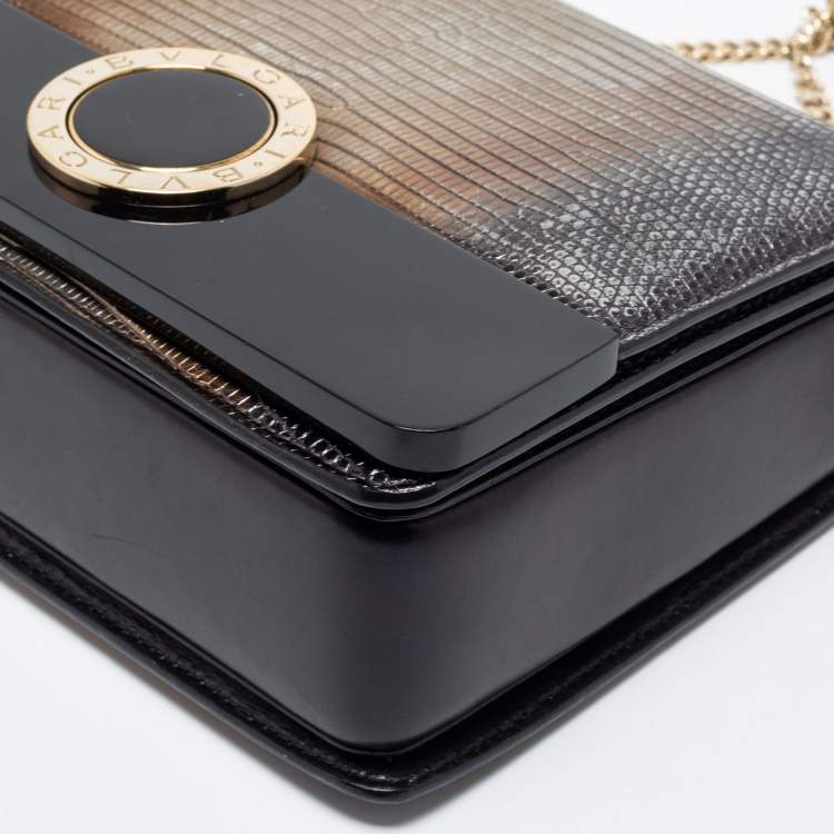 Pre Owned Bvlgari Metallic/Black Lizard,Perspex and Leather Small Flap Cover Shoulder Bag