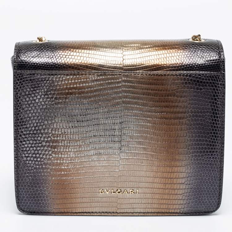 Pre Owned Bvlgari Metallic/Black Lizard,Perspex and Leather Small Flap Cover Shoulder Bag