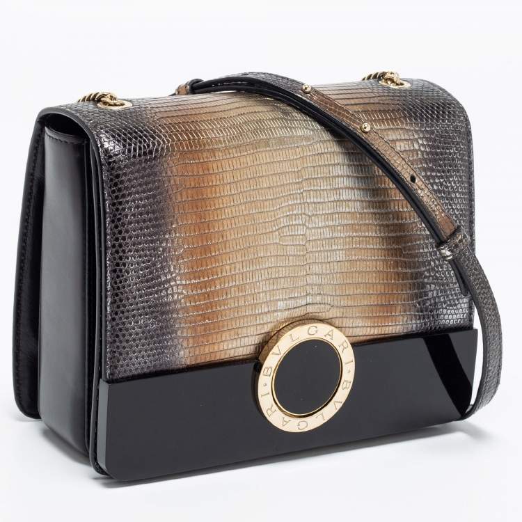 Pre Owned Bvlgari Metallic/Black Lizard,Perspex and Leather Small Flap Cover Shoulder Bag