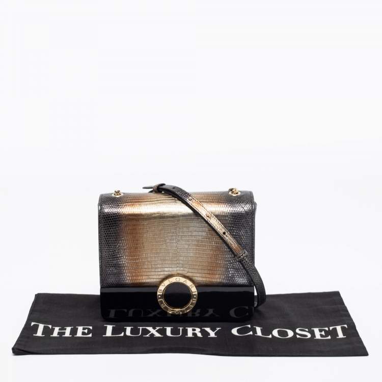 Pre Owned Bvlgari Metallic/Black Lizard,Perspex and Leather Small Flap Cover Shoulder Bag