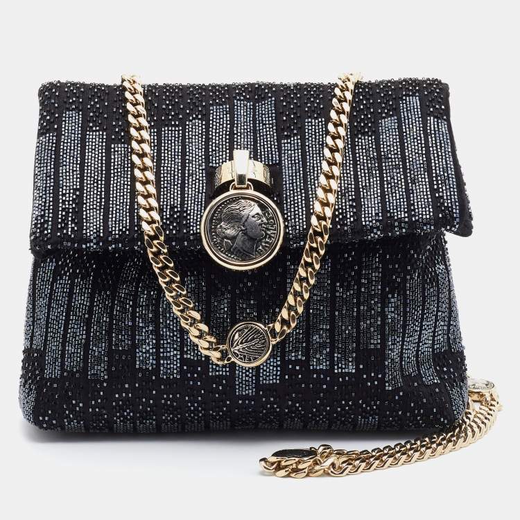 Pre Owned Bvlgari Black Satin Beads Embellished Monette Chain Shoulder Bag